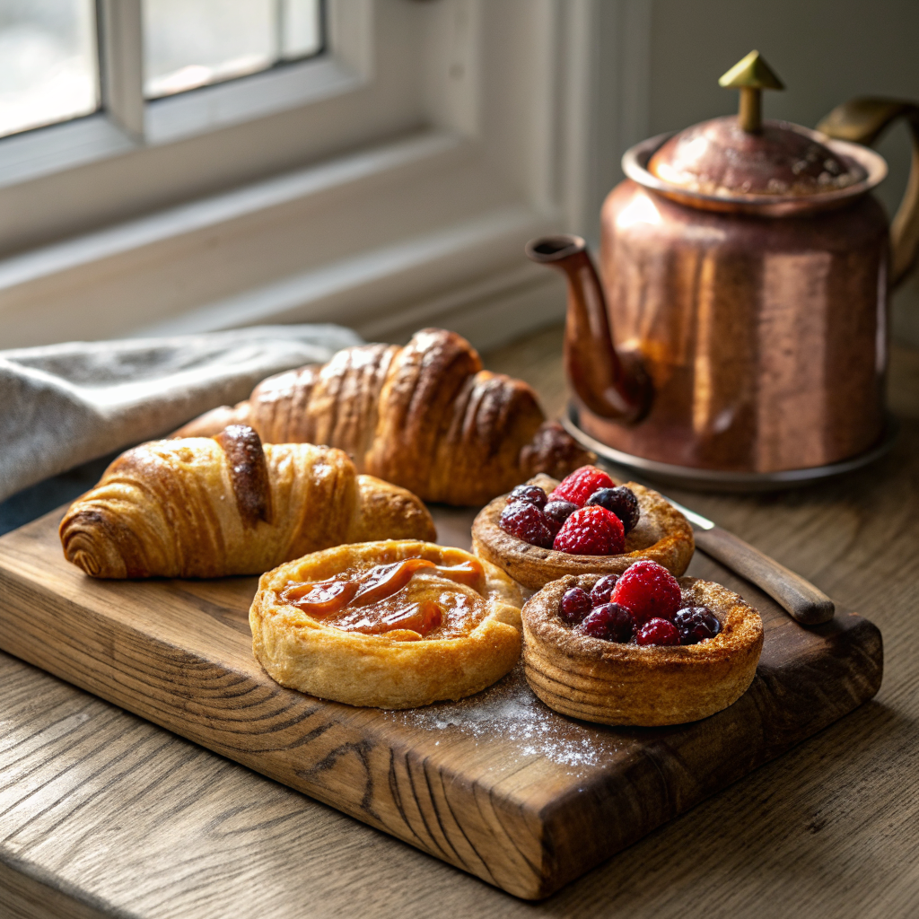 Flaky golden pastries on display