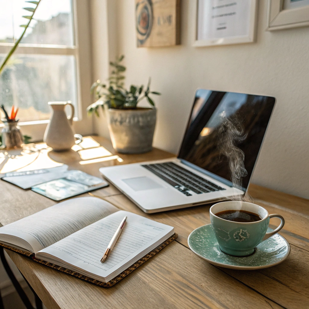Remote worker enjoying coffee in a cozy corner